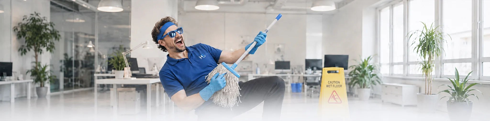 A cheerful cleaner with a mop in a bright office
